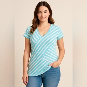 RXB Blue White Striped V-Neck Short Sleeve Top Women’s Medium Stretch